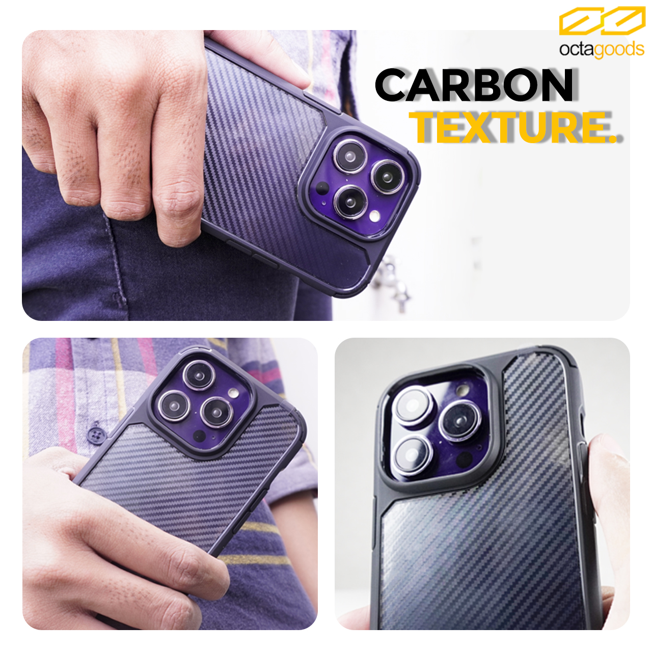 Case iPhone 14 Pro Max Plus OctaGoods Carbon Clear Anti Crack Casing