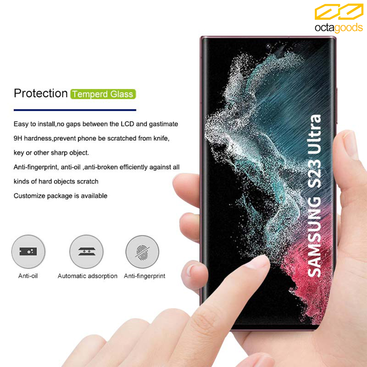 Tempered Glass Samsung Galaxy S23 Ultra Plus OctaGoods Clear Cover 9H