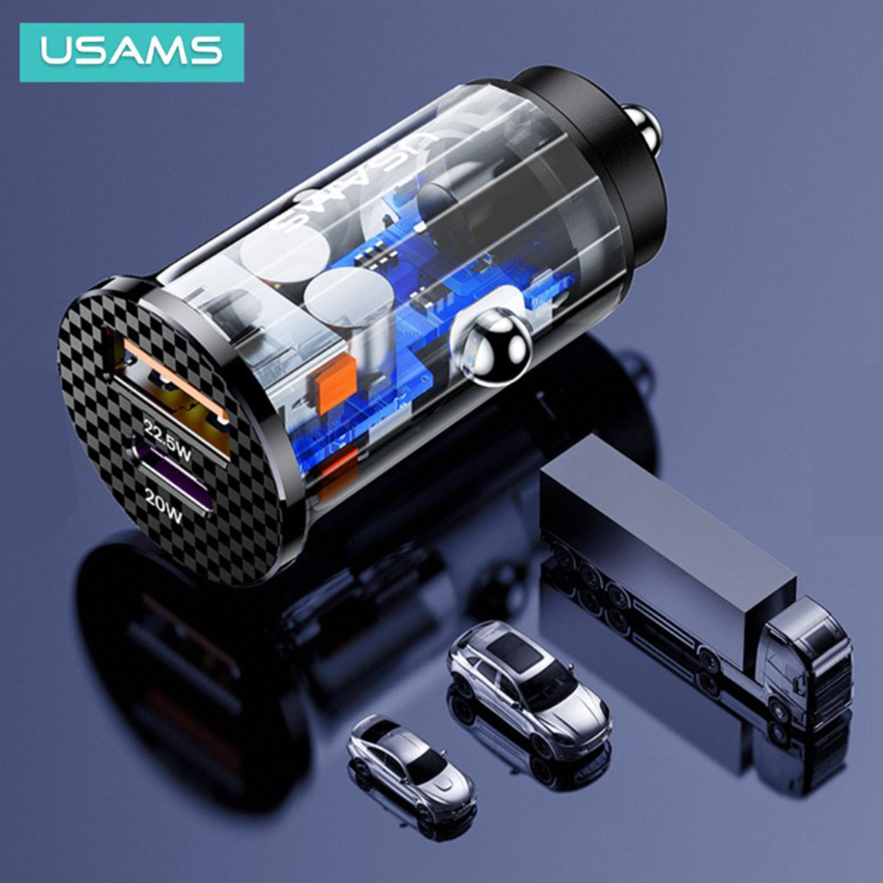 Car Charger Dual USB A/Type C Usams 42.5W PD QC 3.0 Mini Fast Charging