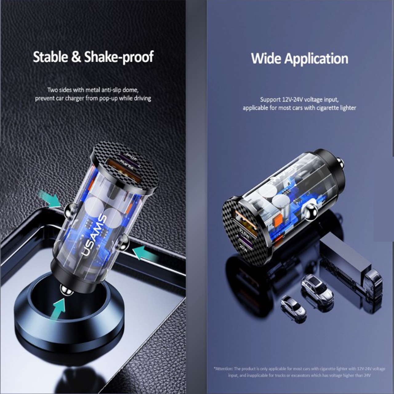 Car Charger Dual USB A/Type C Usams 42.5W PD QC 3.0 Mini Fast Charging