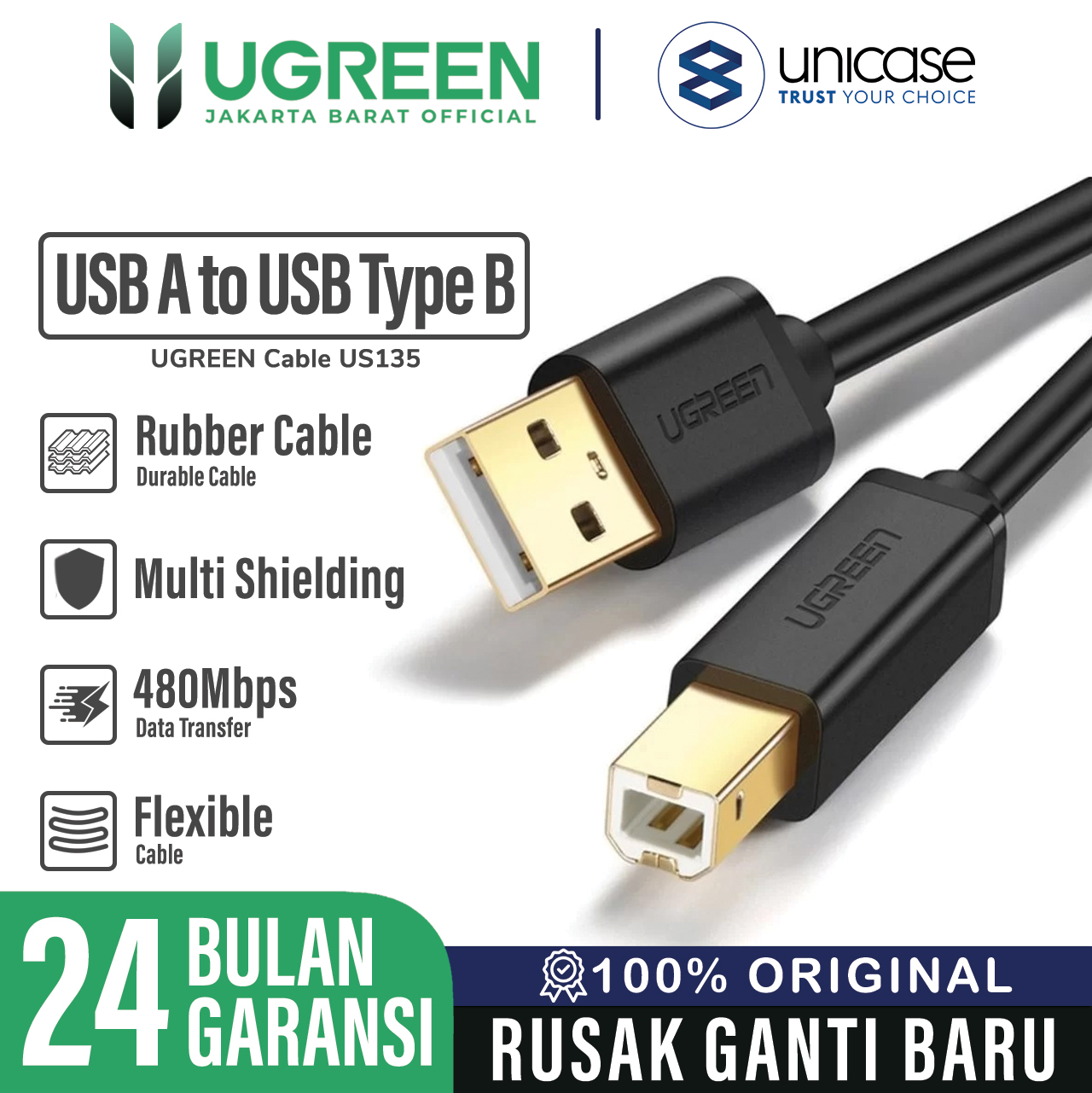 Cable Data USB A Male to USB B 2.0 Male UGREEN Scanner Printer Kabel