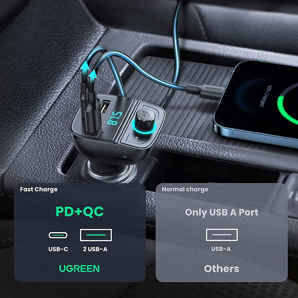 Car Charger UGREEN FM Modulator Bluetooth 5.0 USB A / C PD QC 3.0 TF