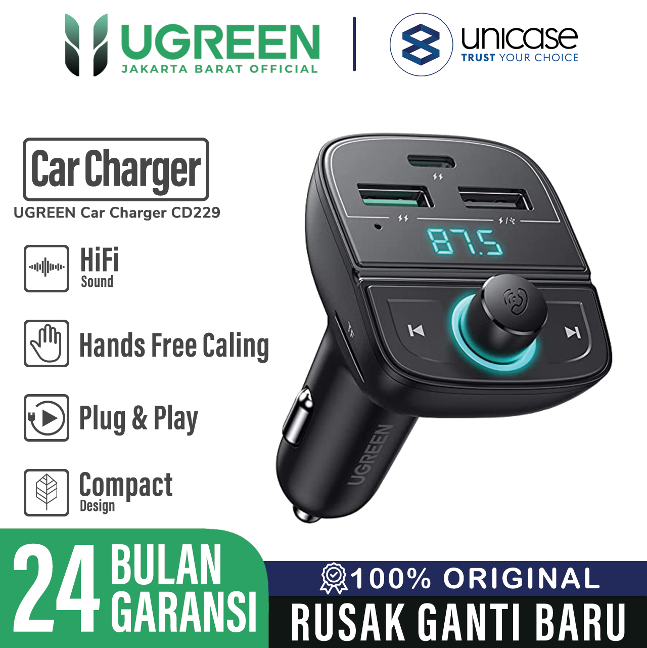 Car Charger UGREEN FM Modulator Bluetooth 5.0 USB A / C PD QC 3.0 TF