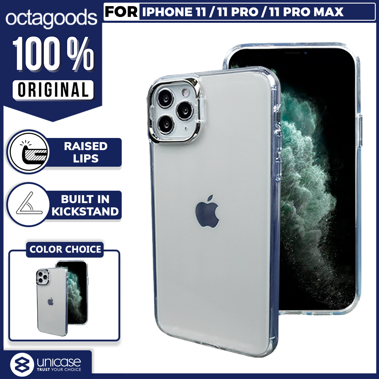 Case iPhone 11 Pro Max Octagoods Camera Frame Cover Stand Clear Casing