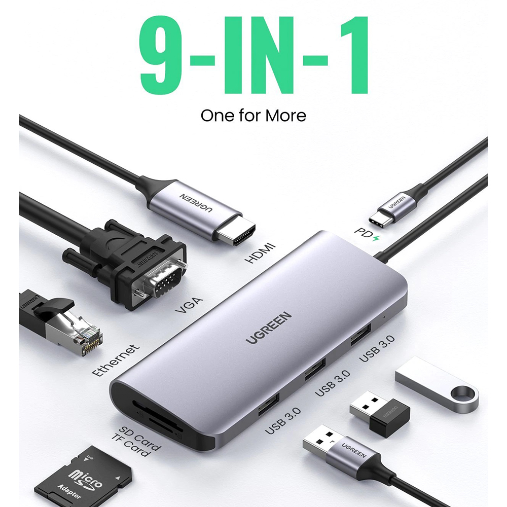 Adapter Converter HUB 9 in 1 UGREEN USB Type C PD HDMI 4K RJ45 Laptop