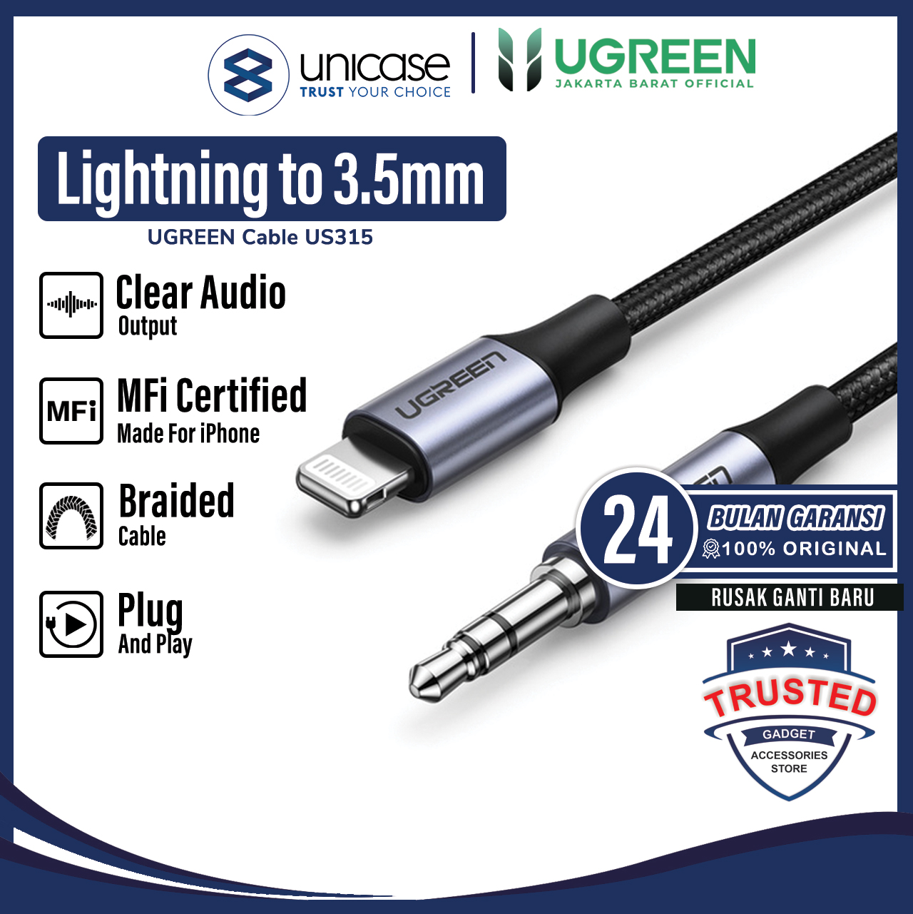 Cable Aux Audio 3.5mm to Lightning  MFi male to male Braided Cable