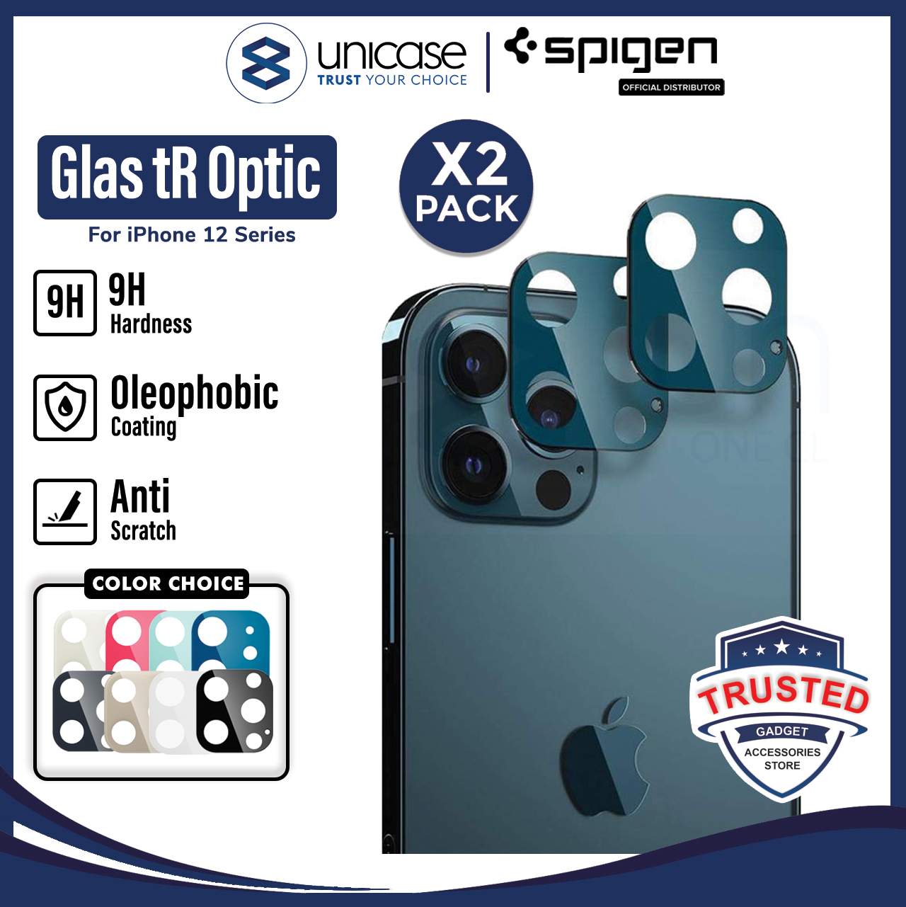 Spigen iPhone 12 Pro Max Camera Lens Protector 2 Pack GlastR Optik - Pacific Blue AGL02456