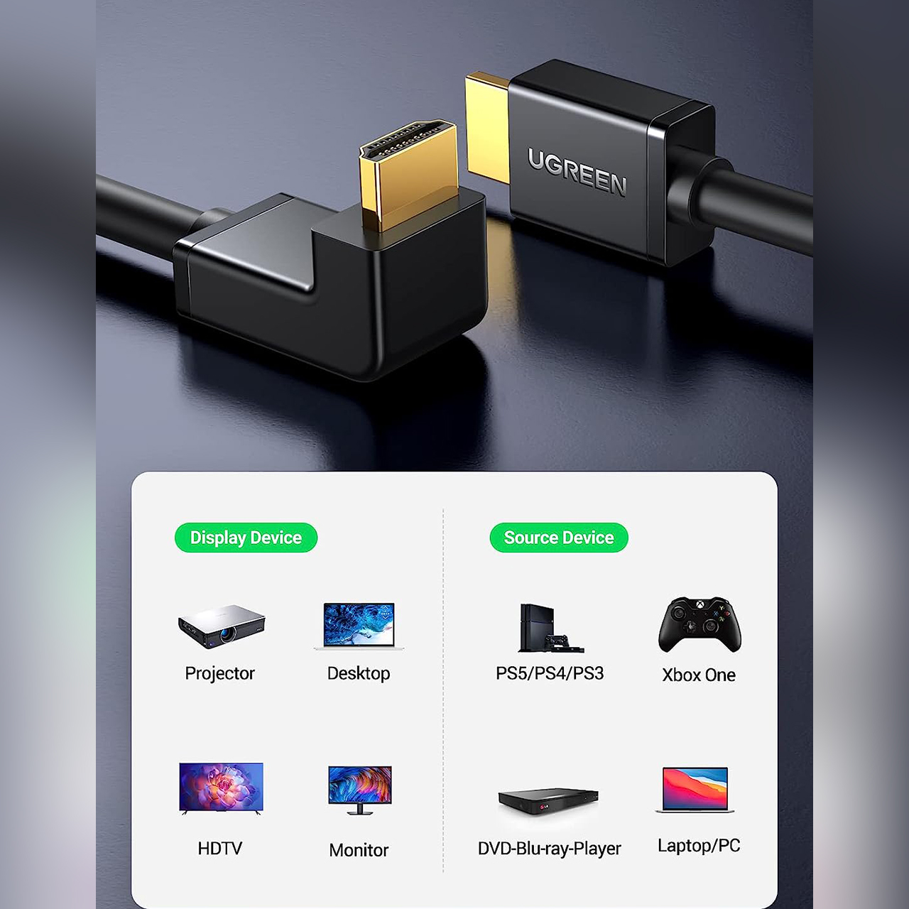 Cable HDMI UGREEN Right Angle 90/270 Degree Kabel 4K 30Hz High Speed