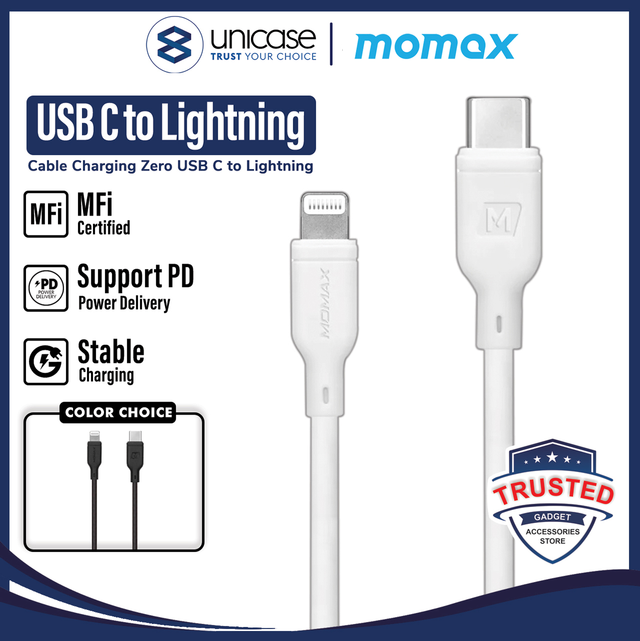 Momax Kabel Charger Lightning - USB C Zero 1.2m - White DL36W