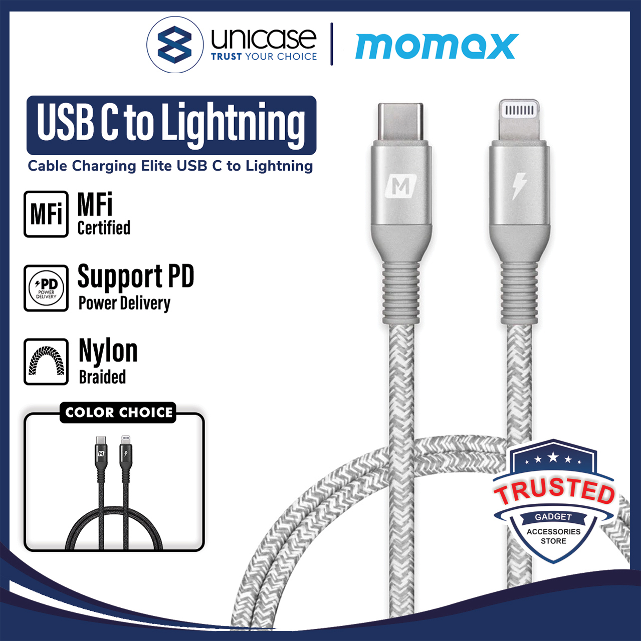Momax Kabel Charger Lightning - USB C Braided Elite Link 1.2m - Sliver DL31S