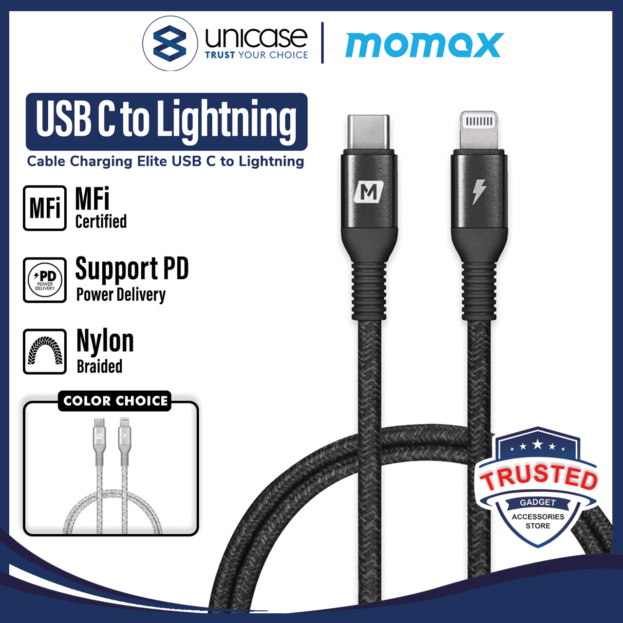 Momax Kabel Charger Lightning - USB C Braided Elite Link 1.2m - Black DL31D