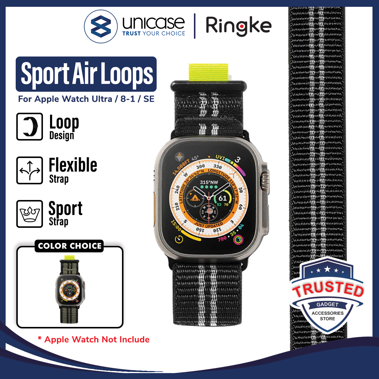 Ringke Apple Watch 49mm / 46mm / 45mm / 44mm / 42mm (Series 3 / 2 / 1) Sport Air Loop - Black AW-B-45-40