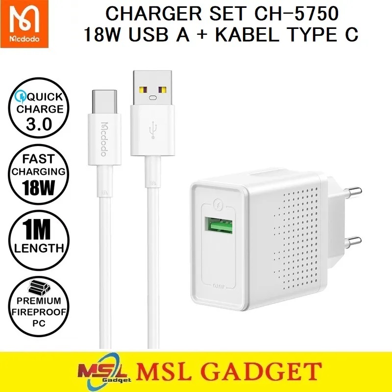 Wall Charger Adaptor Power MCDODO 18W Quick Type C Cable Fast Charging