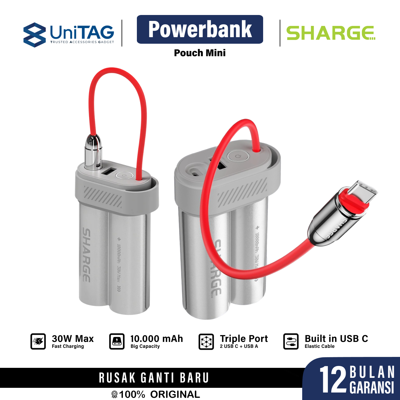 Sharge Powerbank Built in Kabel Charger USB C 10000mAh Pouch Mini - Gray YDD-SG-SX2-HUI