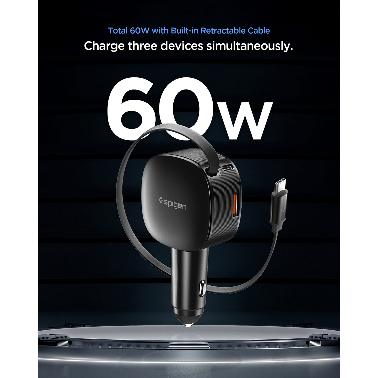 Spigen Car Charger 1A 2C Built-in Retractable Cable USB C Essential 60W - Black EV603BT ACP10515