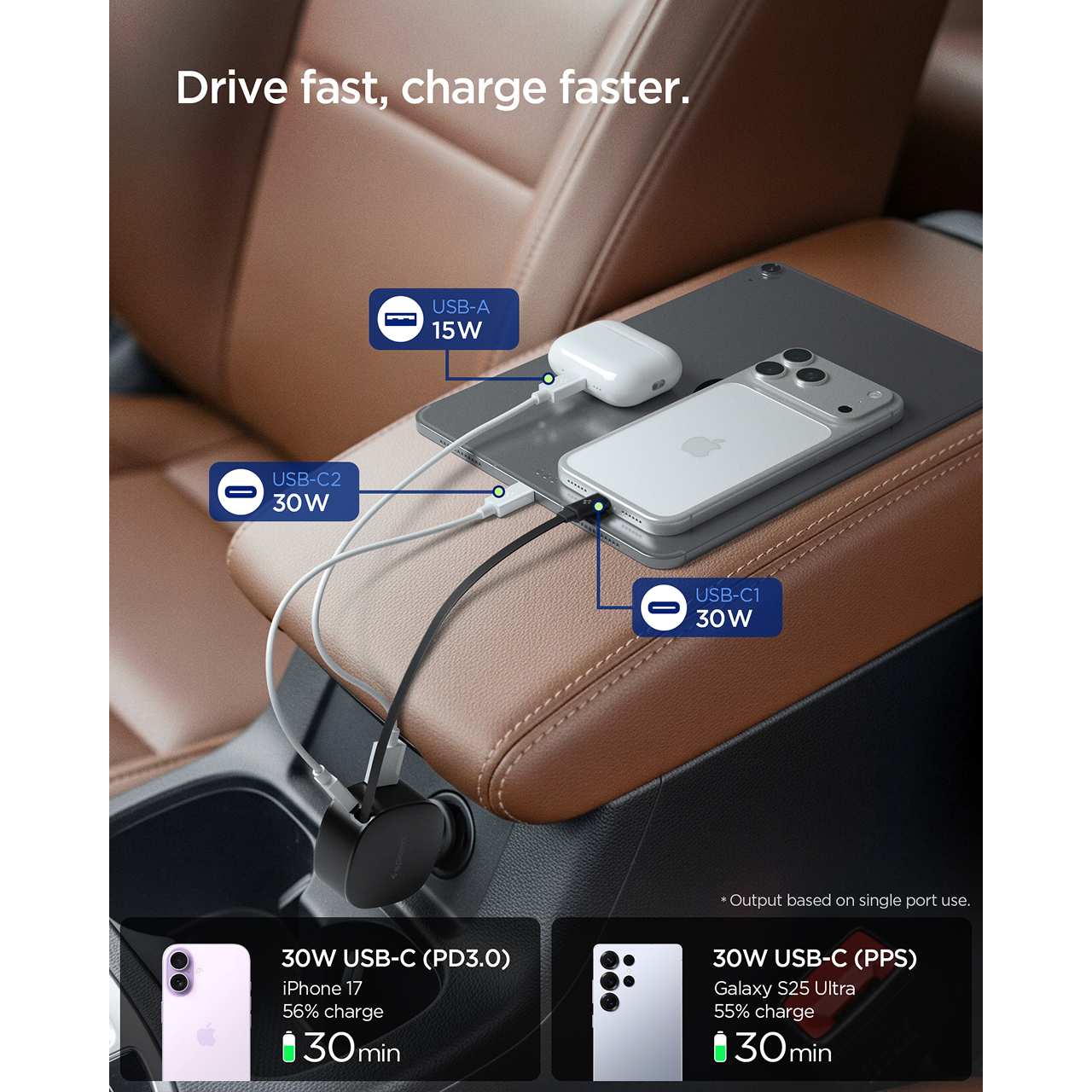 Spigen Car Charger 1A 2C Built-in Retractable Cable USB C Essential 60W - Black EV603BT ACP10515