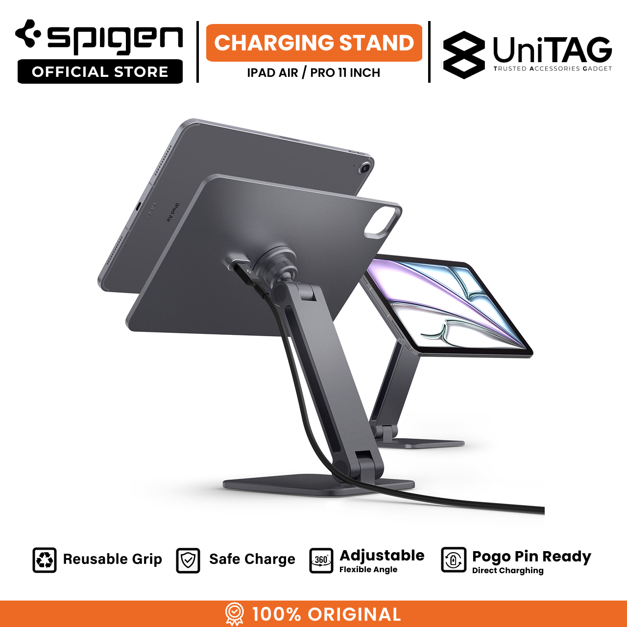 Spigen Magnetic Wireless Charger Stand for iPad Pro 11" (2024) Pogo Pin Charger 18W LD207W2 - Space Gray AMP09838-1