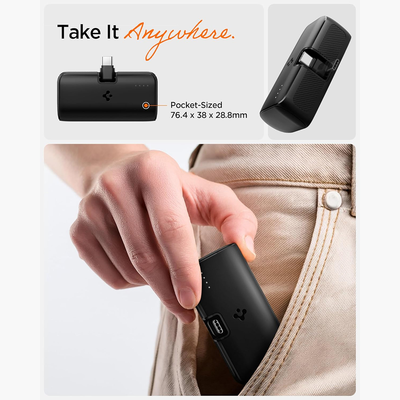 Spigen Powerbank Built in Kabel Charger USB C & Kickstand Essential 5000mAh 2C EA2205 - Black ABA09022