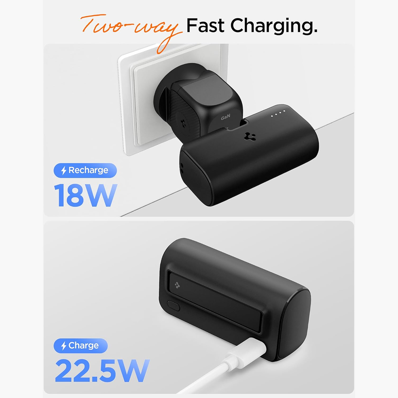 Spigen Powerbank Built in Kabel Charger USB C & Kickstand Essential 5000mAh 2C EA2205 - Black ABA09022