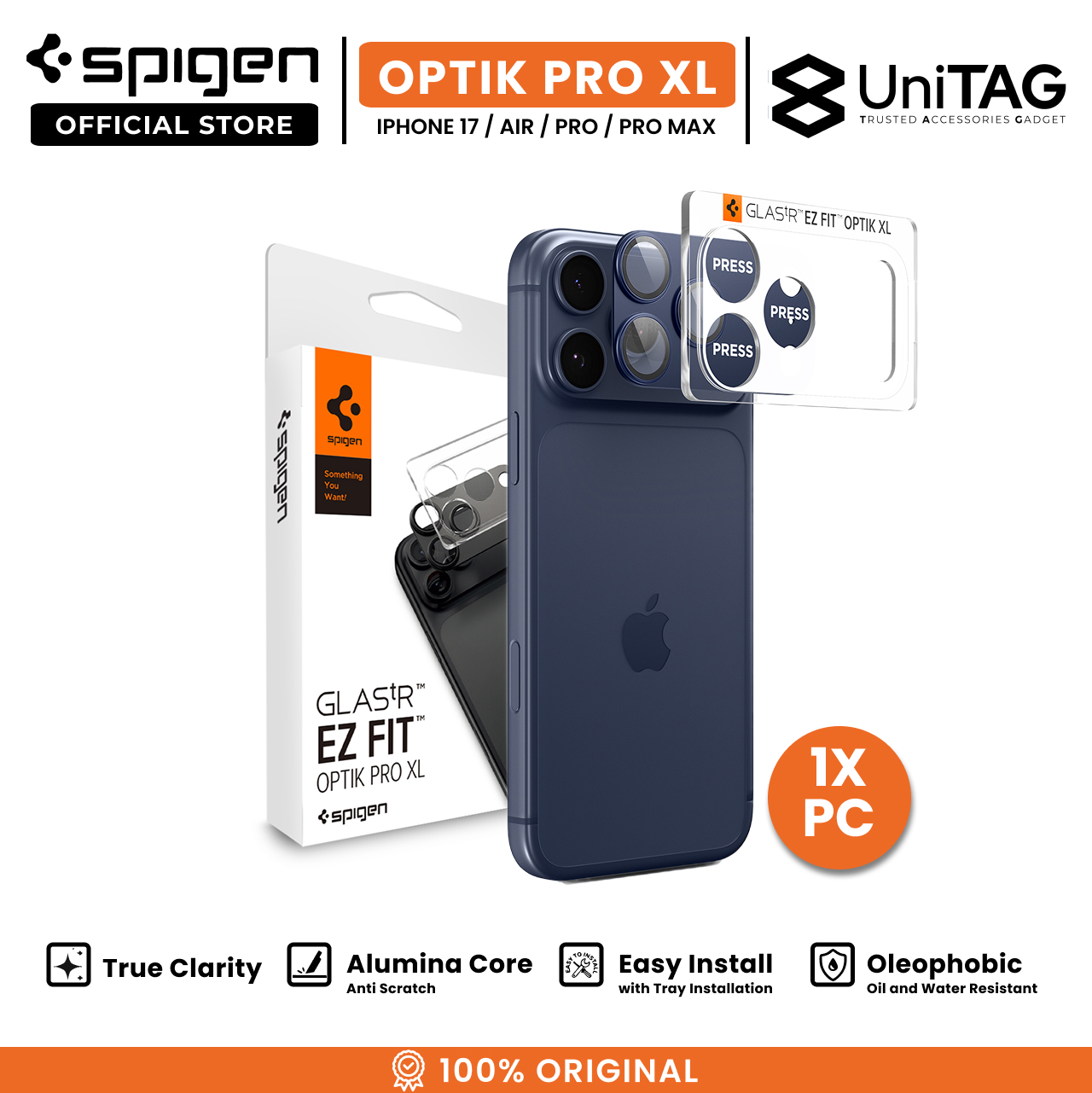Spigen iPhone 17 Pro Camera Lens Protector with Tray 1 Pack GlastR EZ Fit Optik Pro XL - Blue AGL10646