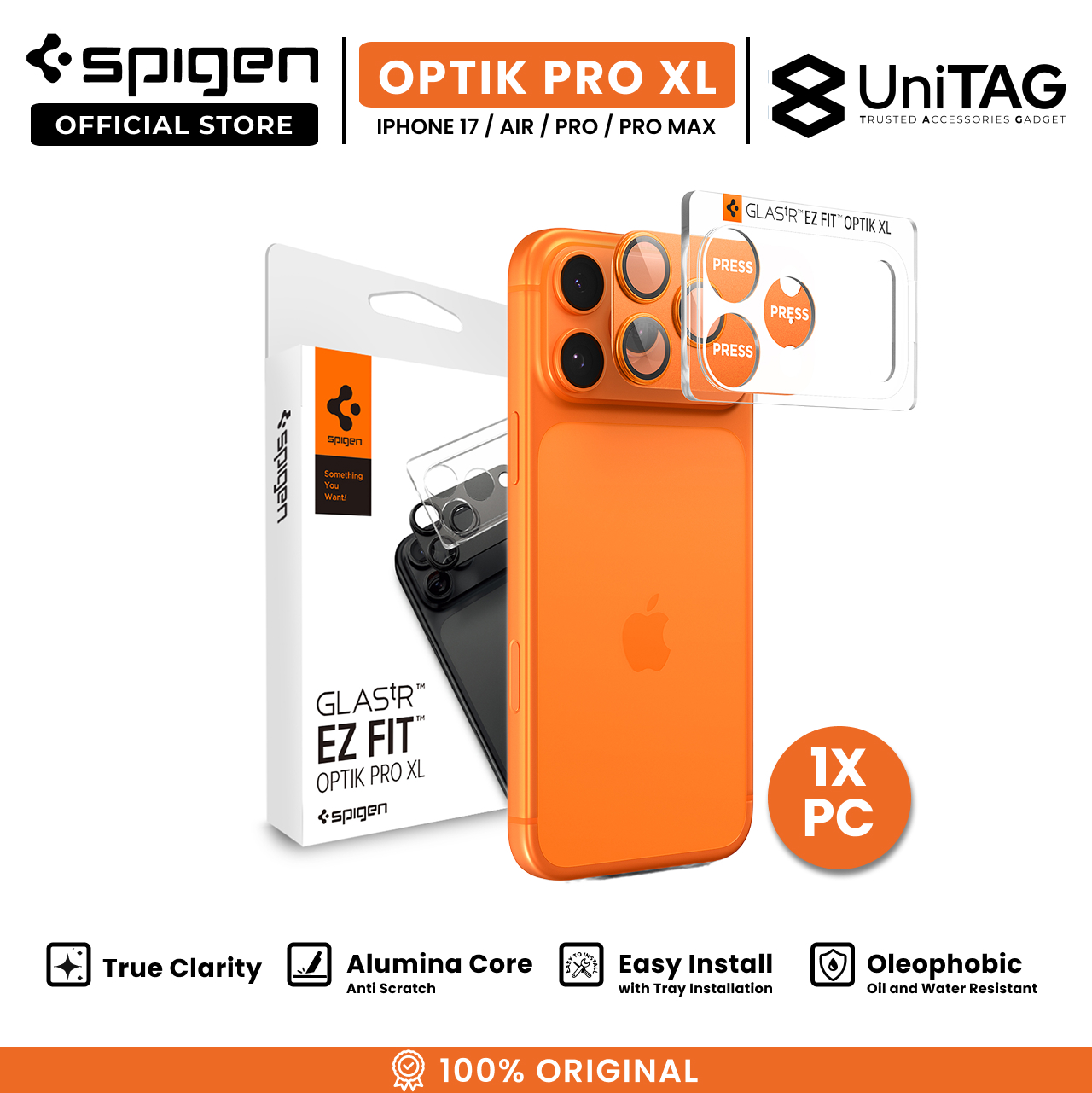 Spigen iPhone 17 Pro Camera Lens Protector with Tray 1 Pack GlastR EZ Fit Optik Pro XL - Orange AGL10645