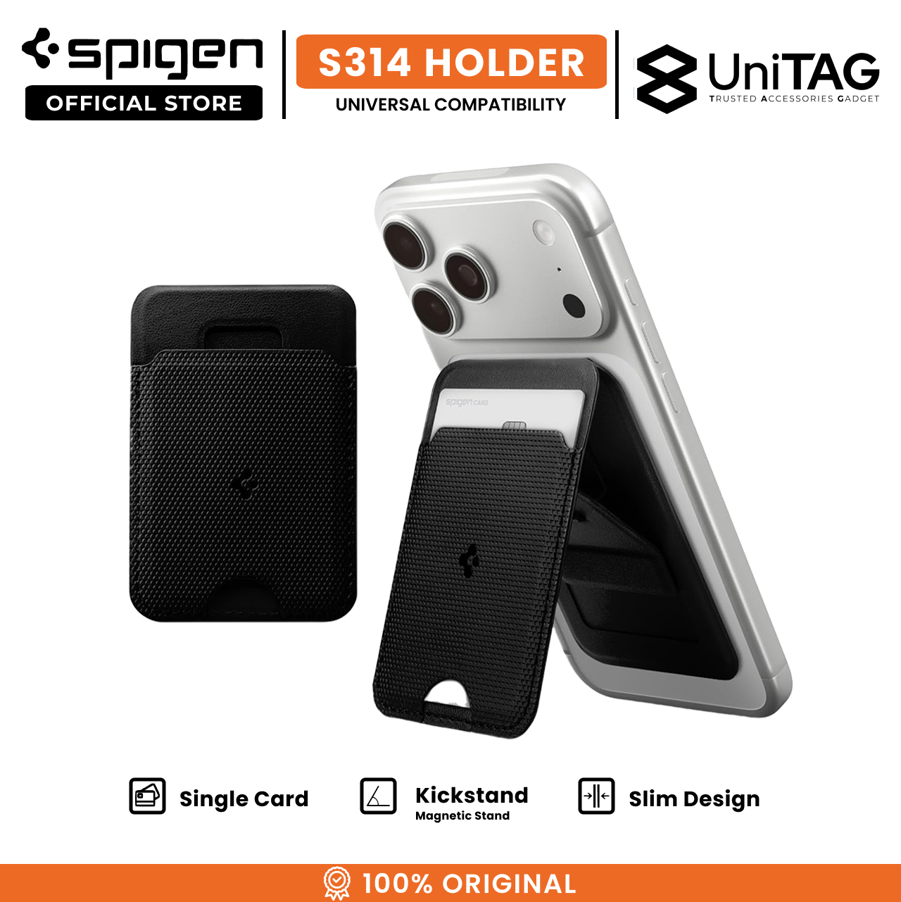 Spigen Card Holder Magsafe With Stand Slim Fold Wallet S314-1 (1 Card) - Black AFA10405