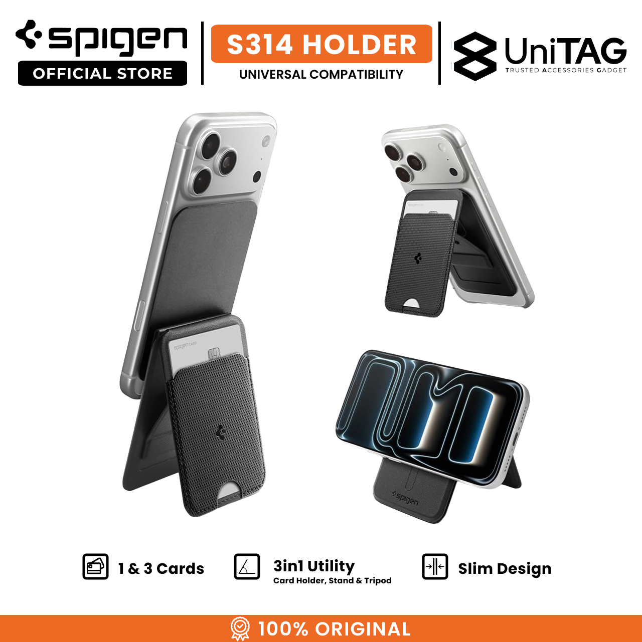 Spigen Card Holder Magsafe With Stand Slim Fold Tripod Wallet S314-3 (1 Card) - Black AFA10751