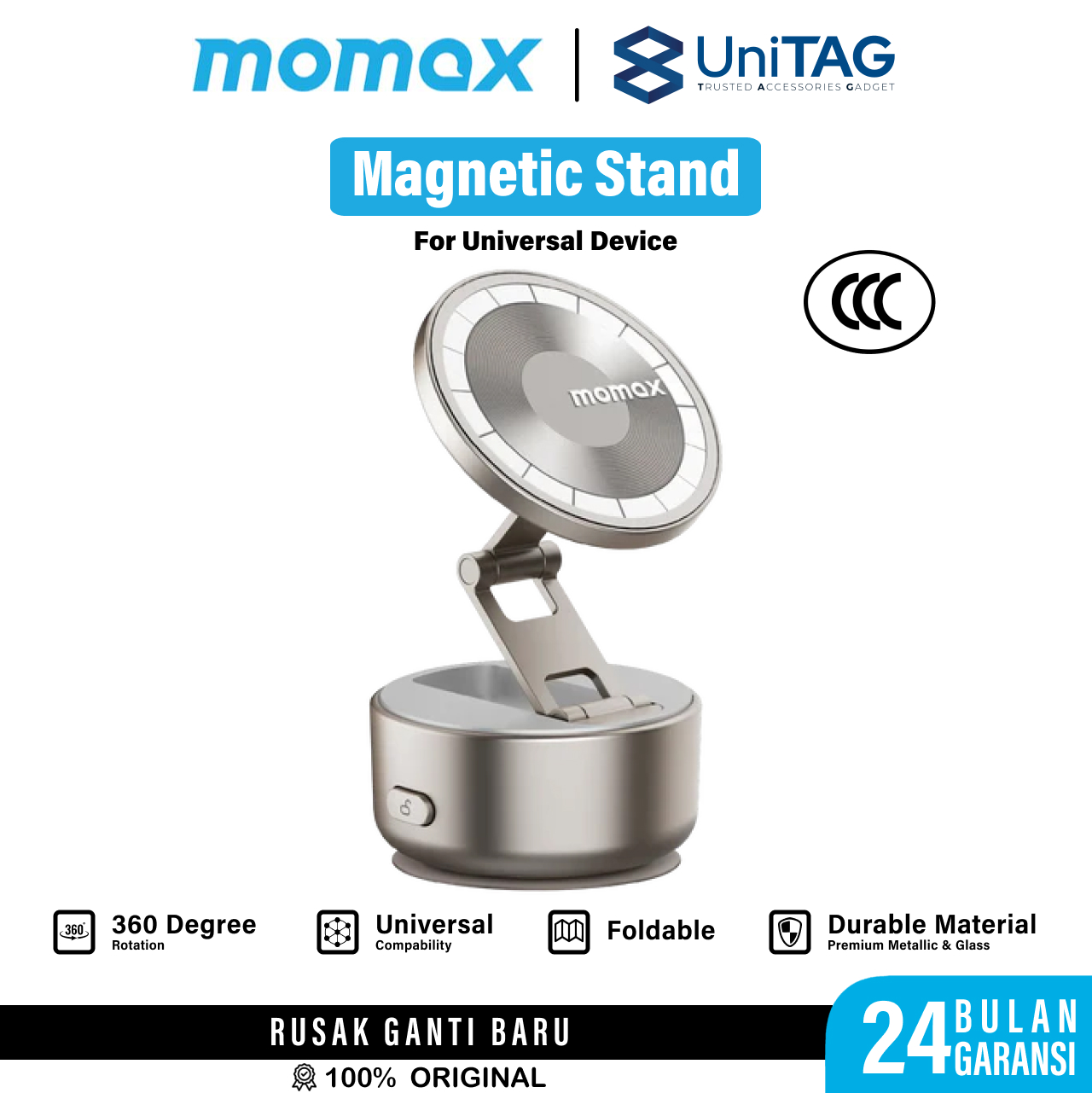 Momax Phone Holder 1-Snap Go Auto Suction Magnetic Phone Stand - Titanium KH20L