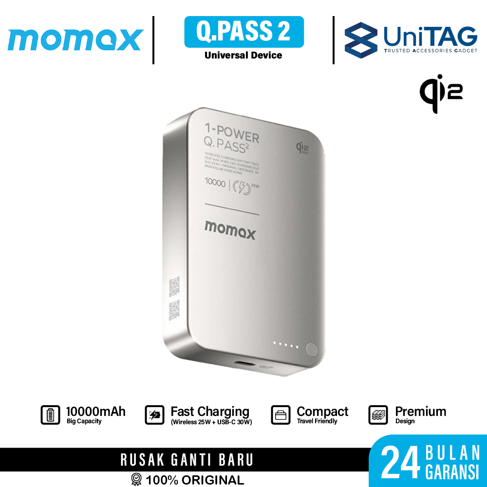Momax Powerbank Magsafe Qi2.2 Thin 10000mAh 25W 1-Power Q.Pass2 - Titanium IP168Q22L