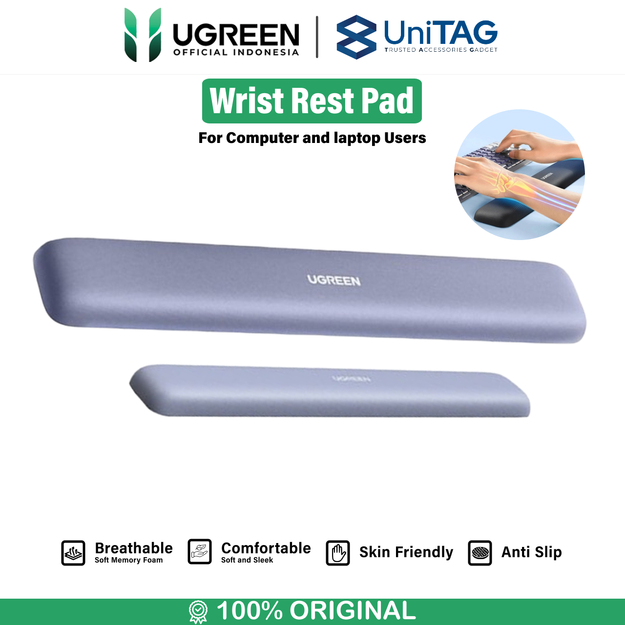 UGREEN Bantal Tangan Ergonomic Keyboard Wrist Rest Pad - Grey LP669 25247