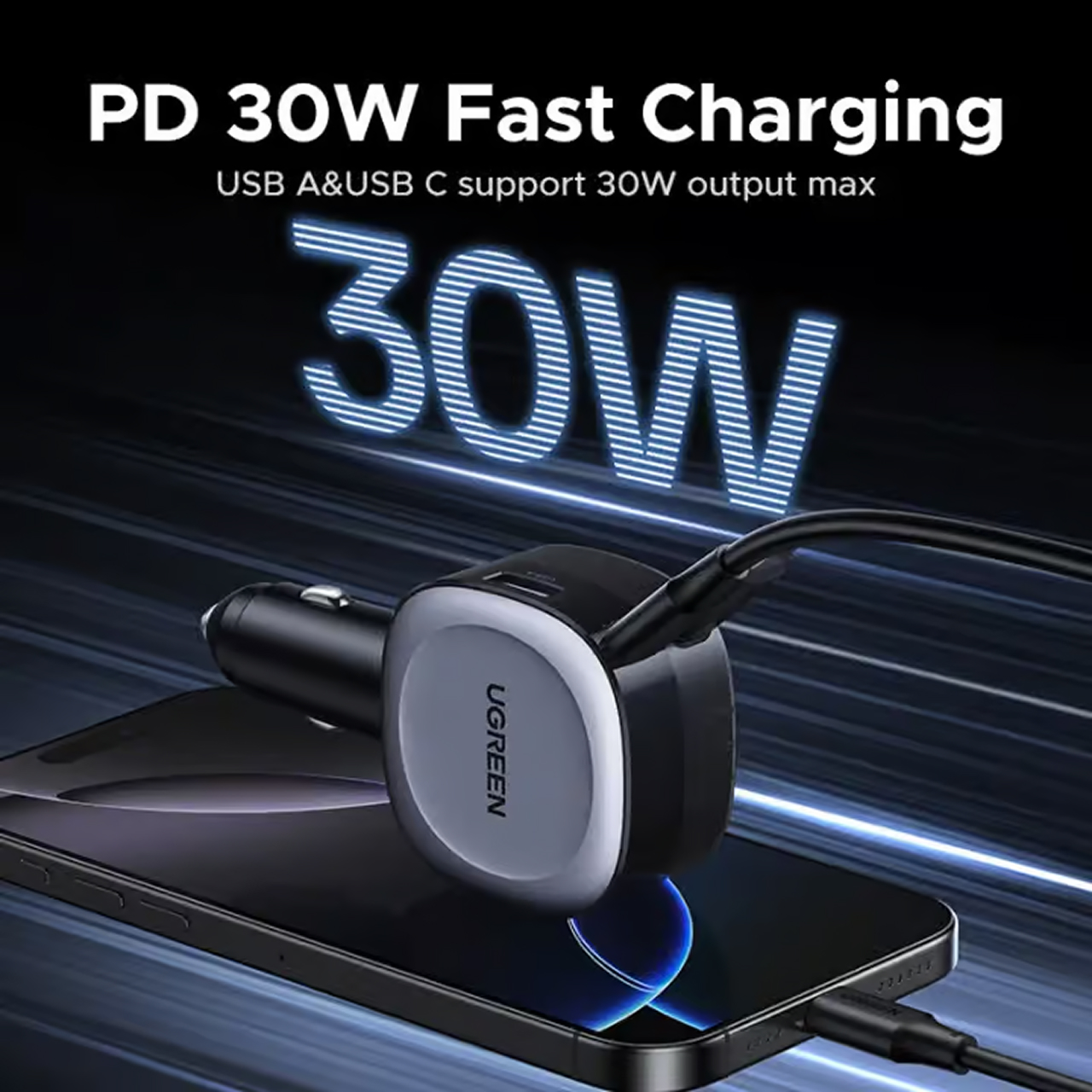 UGREEN Car Charger 1A 2C Built-in Retractable Cable USB C 75W - Gray EC601 55653