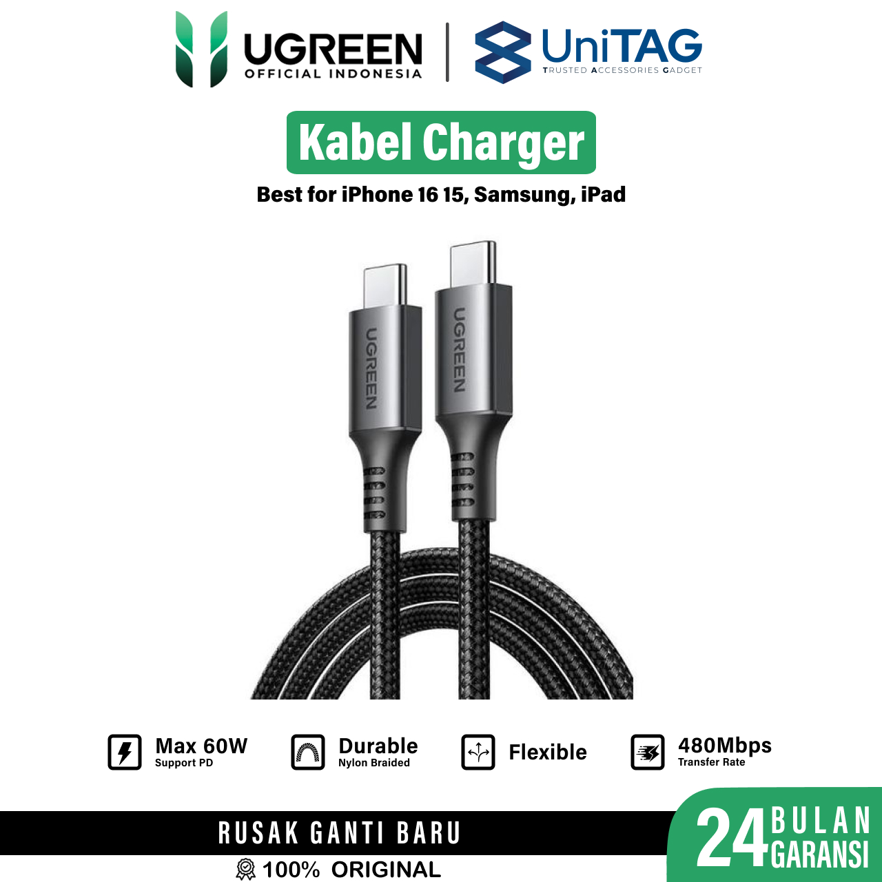 UGREEN Kabel Charger USB C - USB C PD 60W Braided 2m - Gray US567 15374