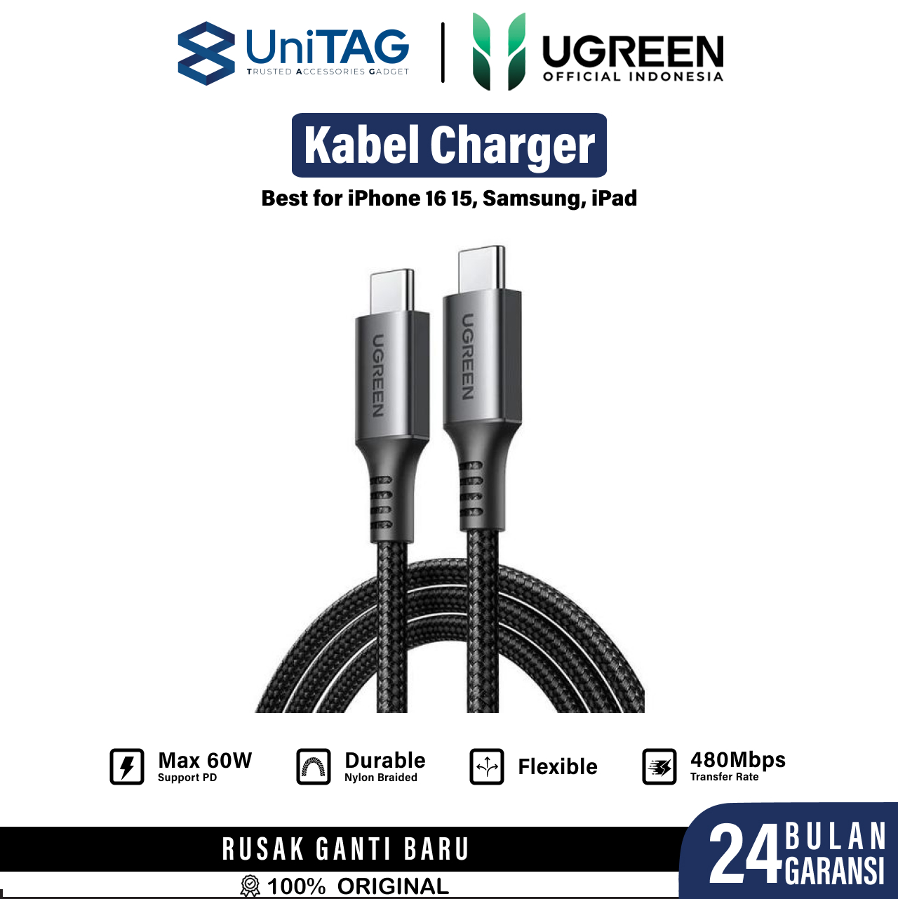 UGREEN Kabel Charger USB C - USB C PD 60W Braided 1m - Gray US567 15373