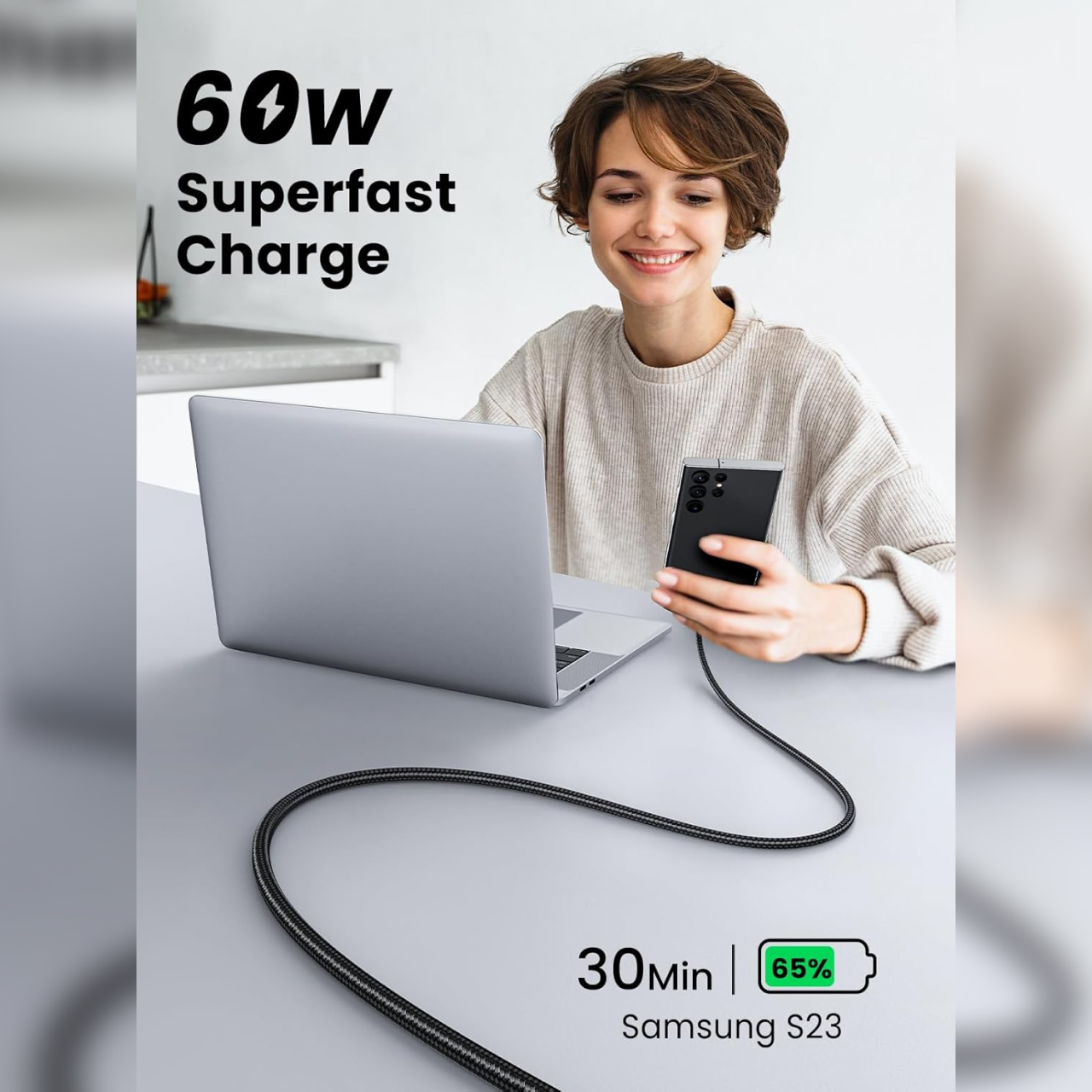 UGREEN Kabel Charger USB C - USB C PD 60W Braided 2m - Gray US567 15374