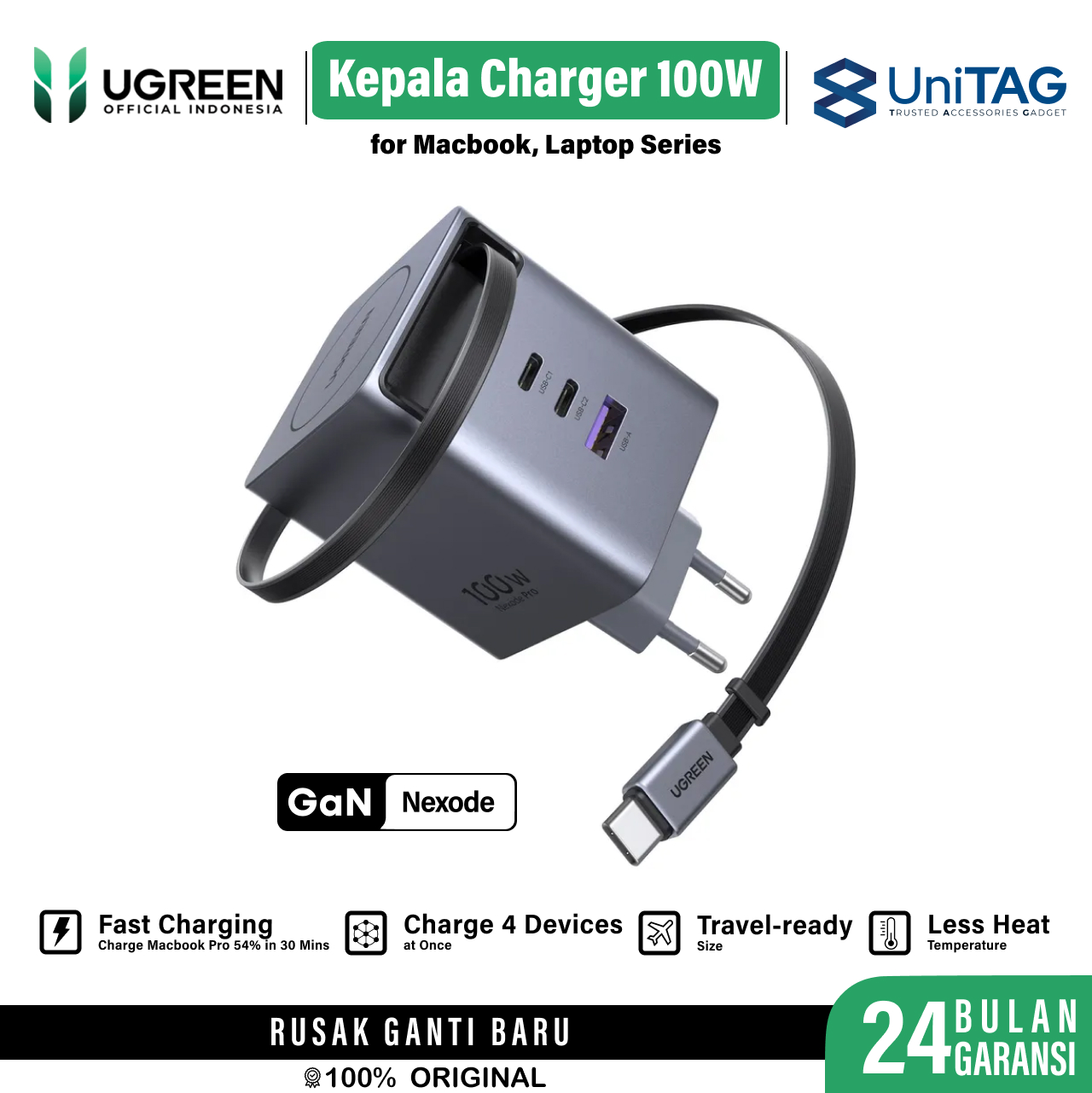 UGREEN Wall Charger 100W 2C 1A Built In Retractable Cable Charger USB C Nexode Pro - Gray 65828