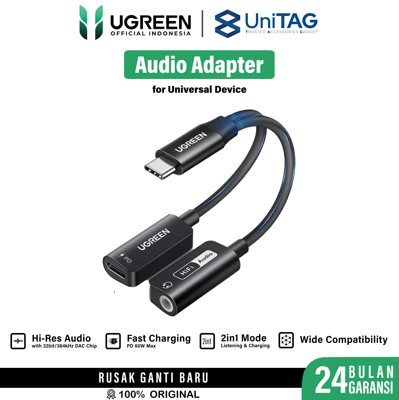 UGREEN Adapter Audio Magnetic USB C to 1C + Jack 3.5mm (DAC) - Black CM721 25837