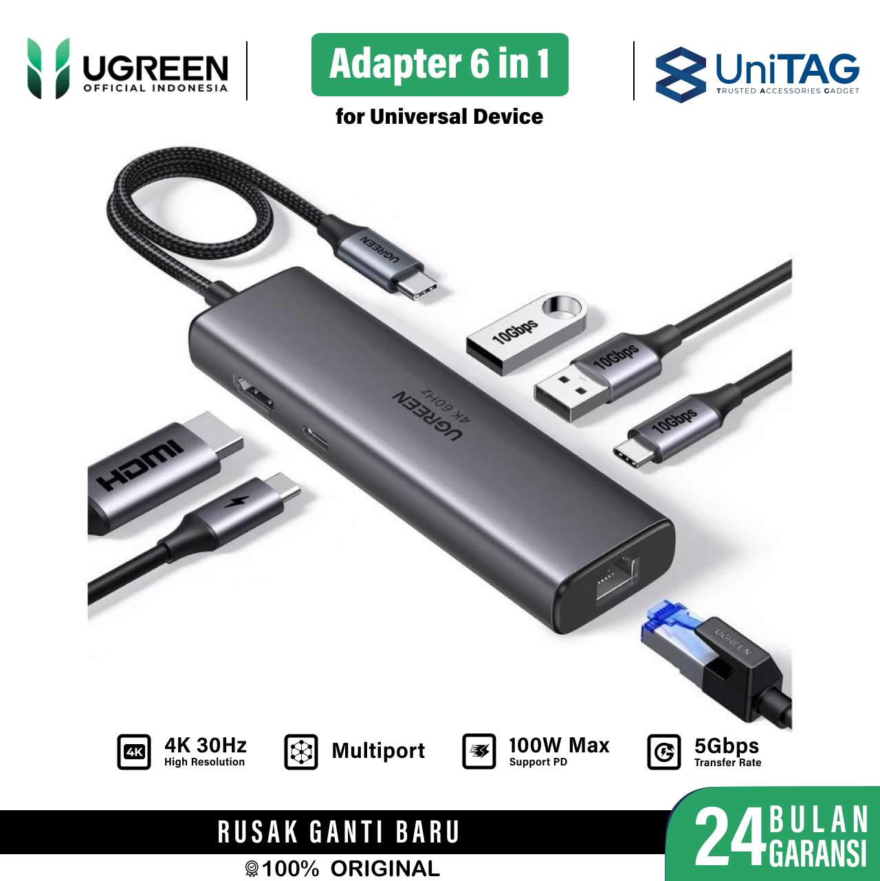 UGREEN Hub 6 in 1 USB C to 3A 3.0 1HDMI 1RJ45 1PD - Gray CM512 45000