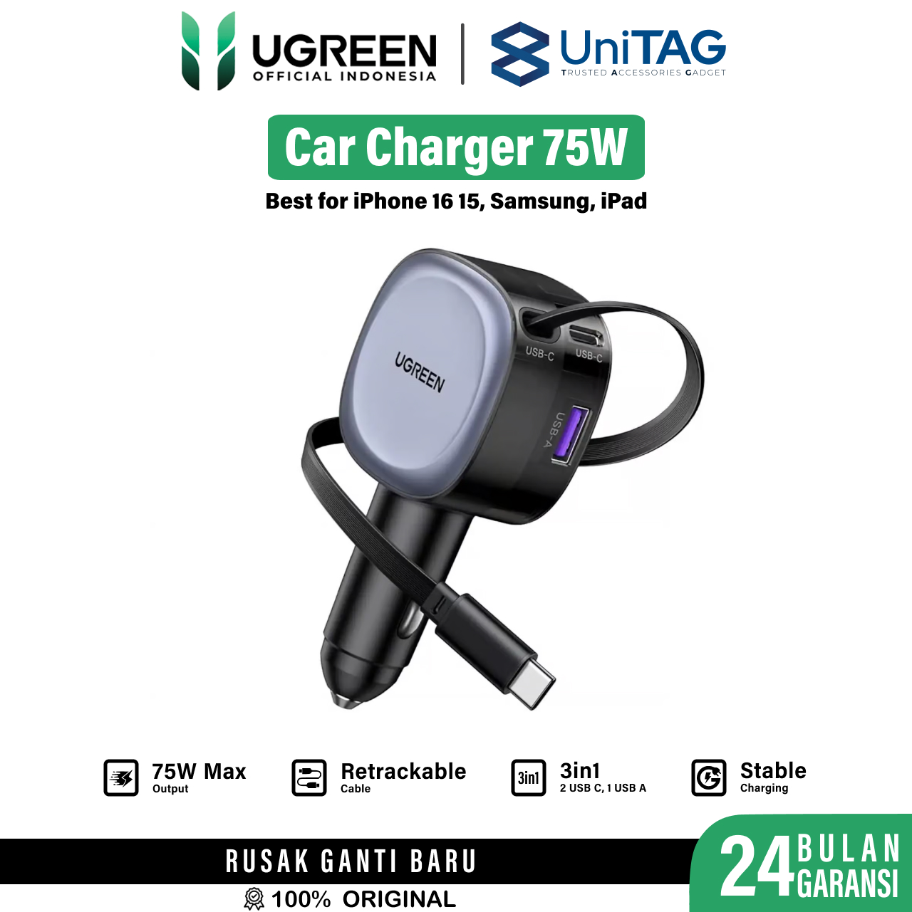 UGREEN Car Charger 1A 2C Built-in Retractable Cable USB C 75W - Gray EC601 55653