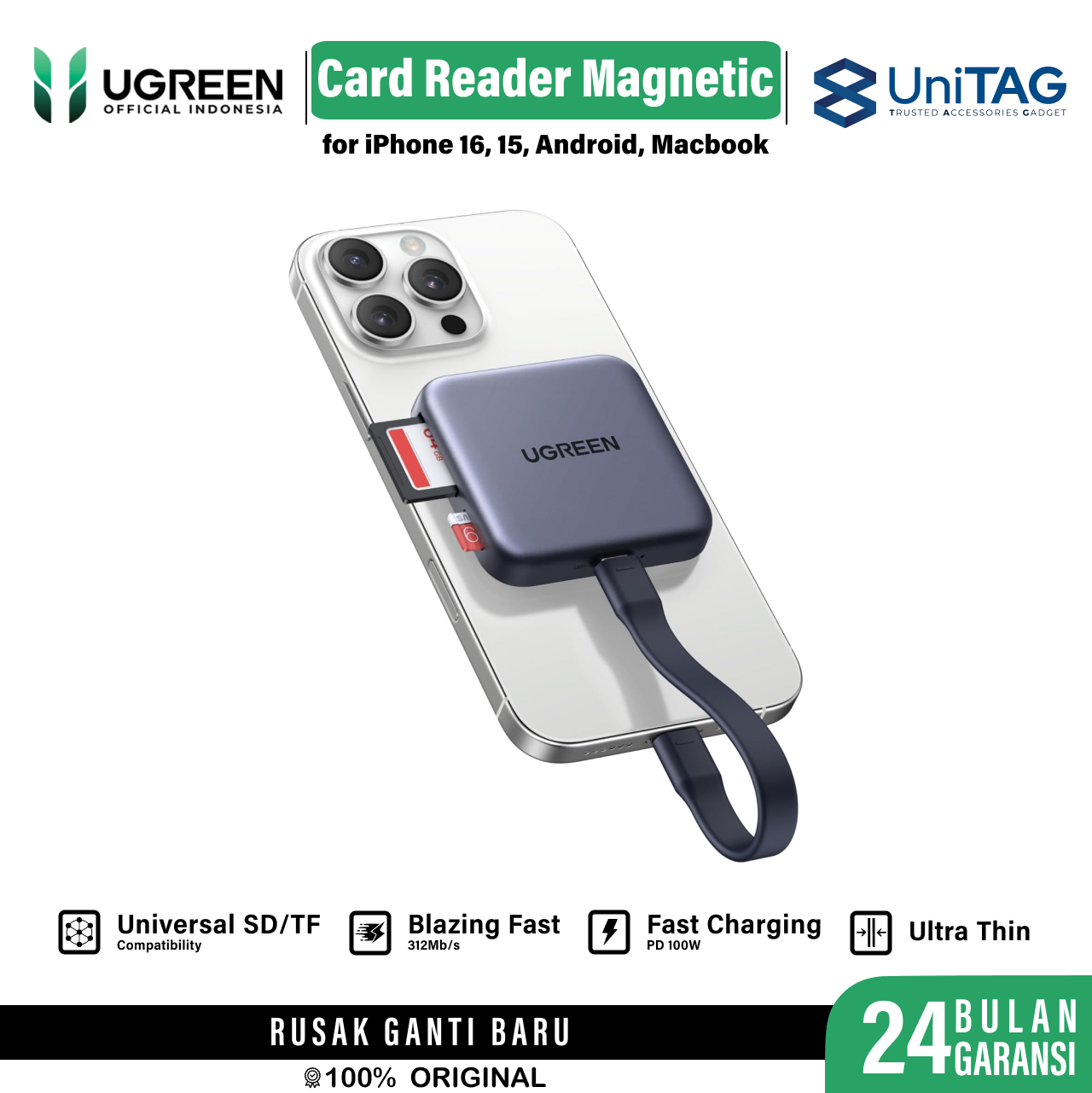 UGREEN Hub Magnetic 3 in 1 USB C to 1C PD 100W 1SD 1TF - Gray 65095