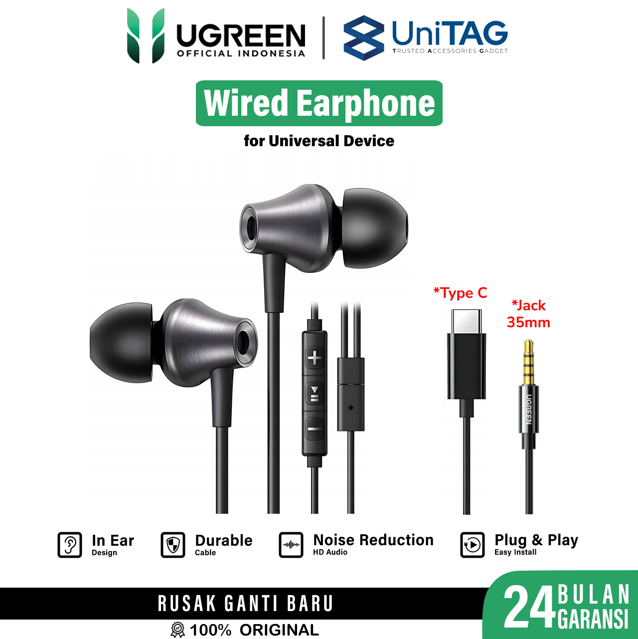 UGREEN Wired Earphone In Ear USB C - Black EP105 35754
