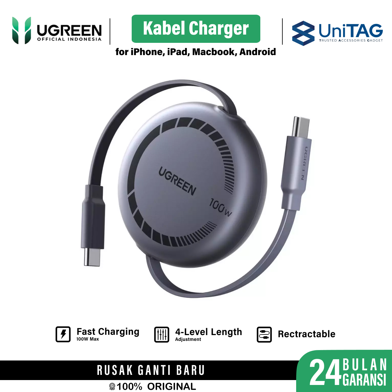 UGREEN Kabel Charger USB C - USB C 5A 100W Retractable 1m Nexode - Gray 65905