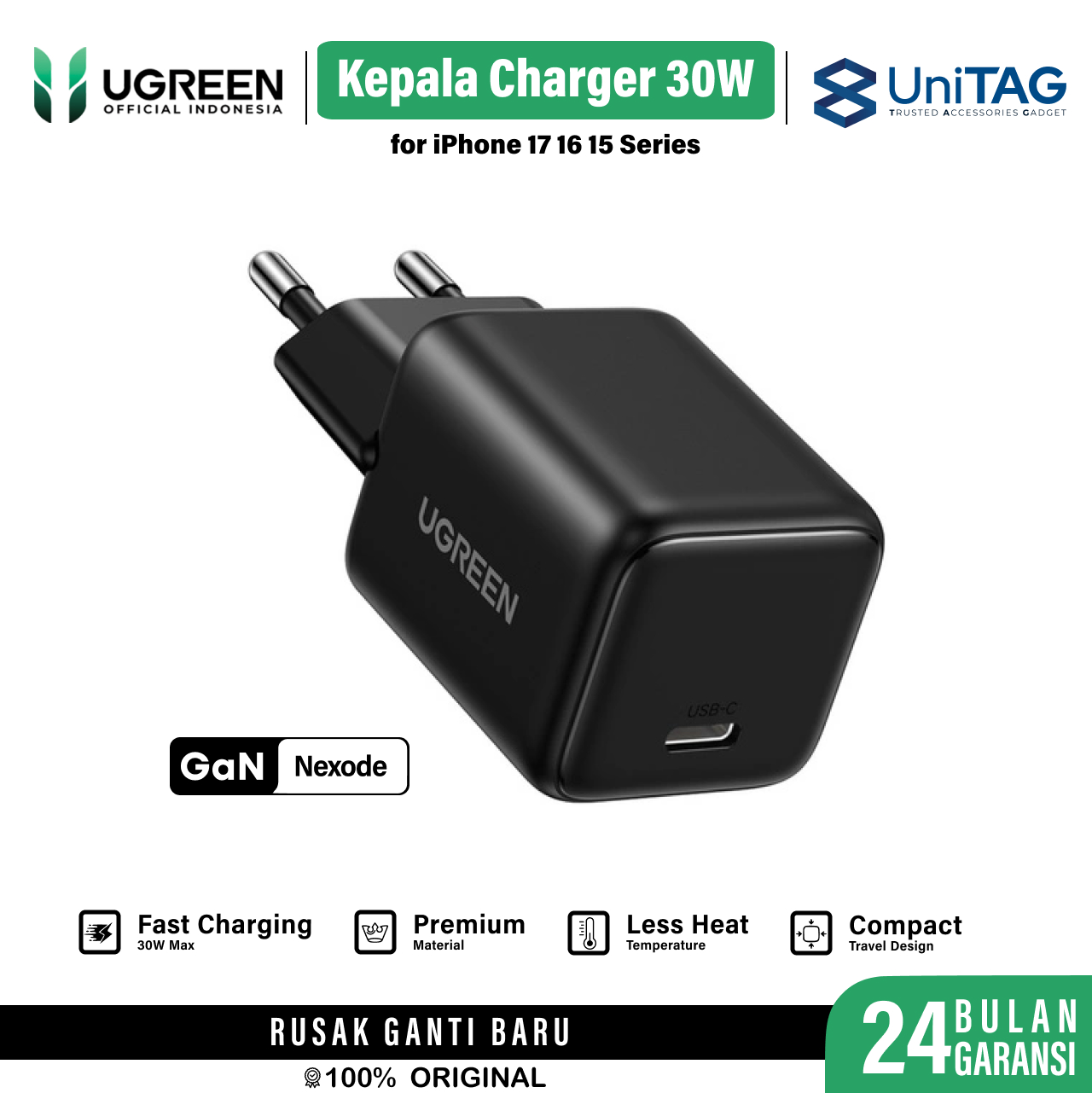 UGREEN Wall Charger 30W 1C GAN N Series - Black X513 65007