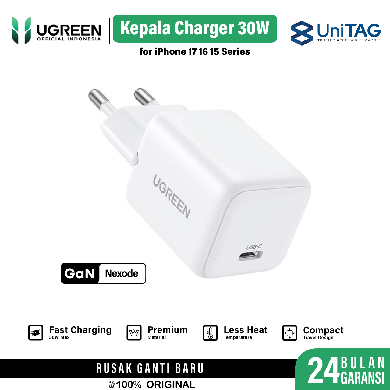 UGREEN Wall Charger 30W 1C GAN N Series - White X513 65009