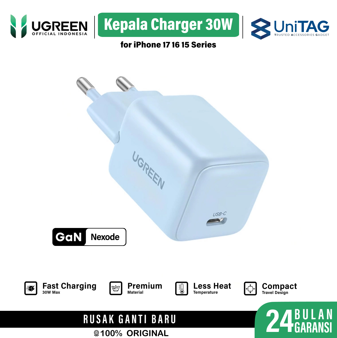 UGREEN Wall Charger 30W 1C GAN N Series - Baby Blue X513 65010