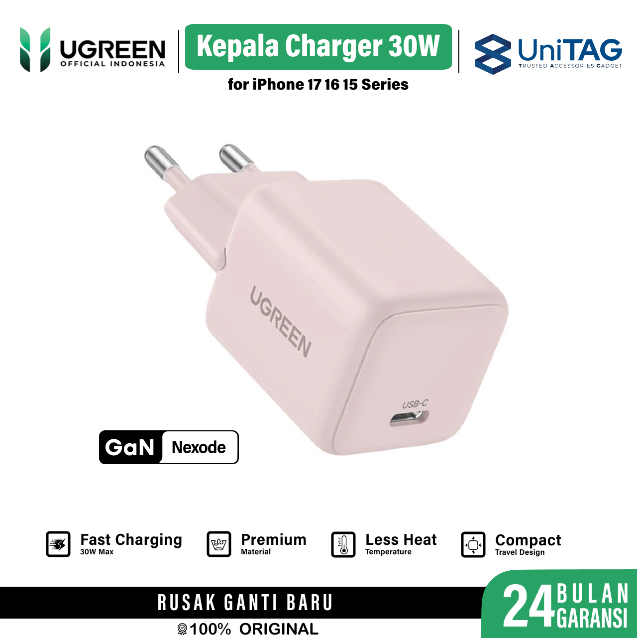 UGREEN Wall Charger 30W 1C GAN N Series - Soft Pink X513 65011
