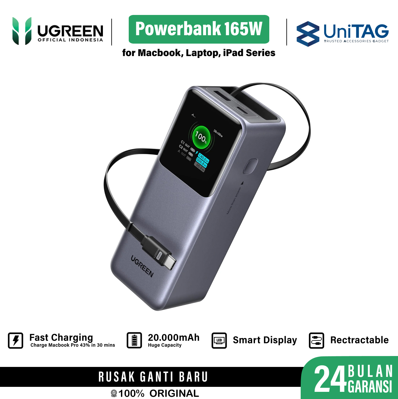 UGREEN Powerbank 20000mAh 165W 1C 1A  Built In Retractable Cable Charger USB C Nexode - Gray 55987B