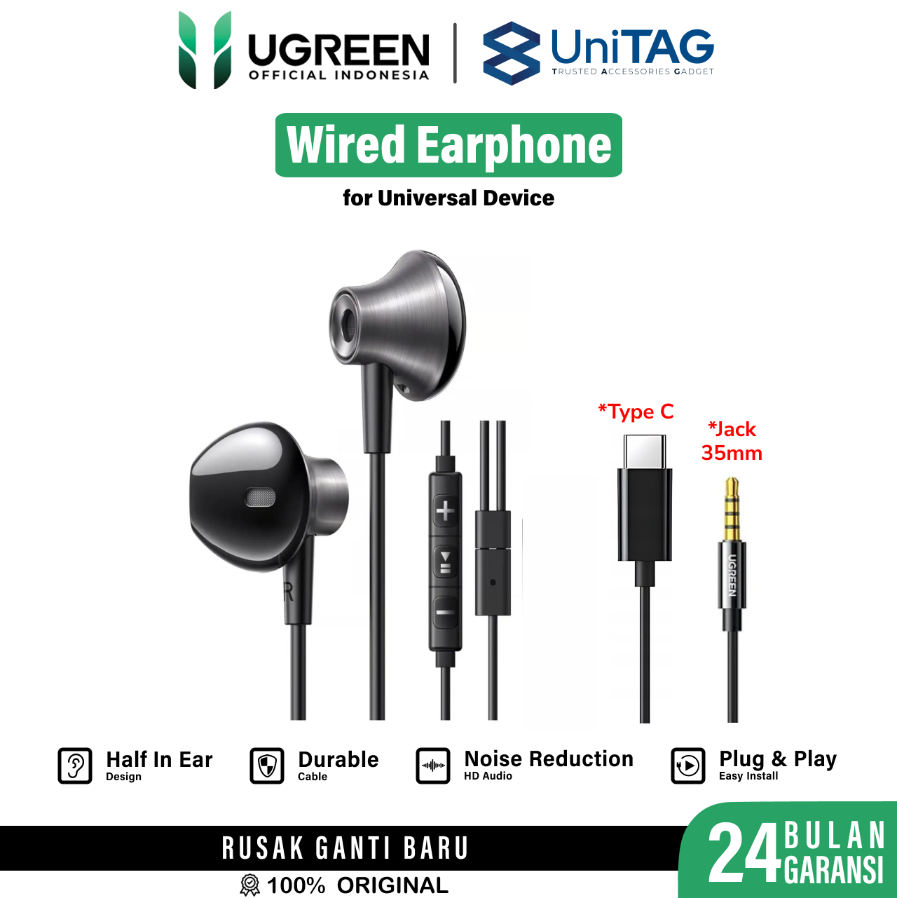 UGREEN Wired Earphone Half In Ear USB C - Black EP106 35756