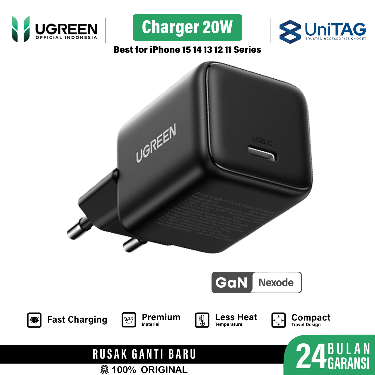 UGREEN Wall Charger GaN 1C 20W Fast Charger PD 3.0 PPS - Black X512 55553