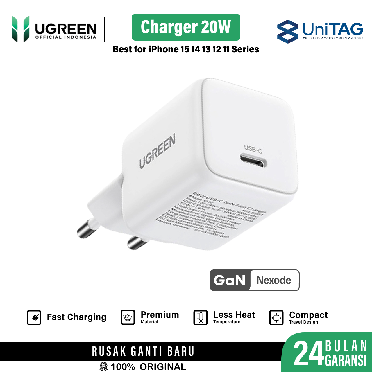 UGREEN Wall Charger GaN 1C 20W Fast Charger PD 3.0 PPS - White X512 55554