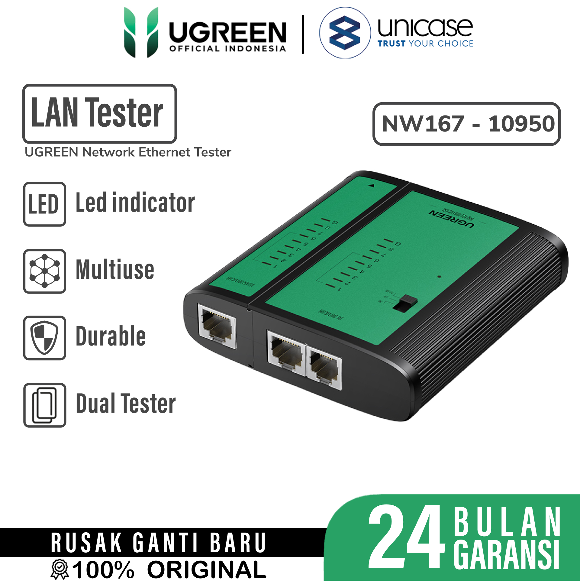 Network Lan Tester UGREEN RJ11 RJ45 Alat Penguji Tes Kabel Ethernet